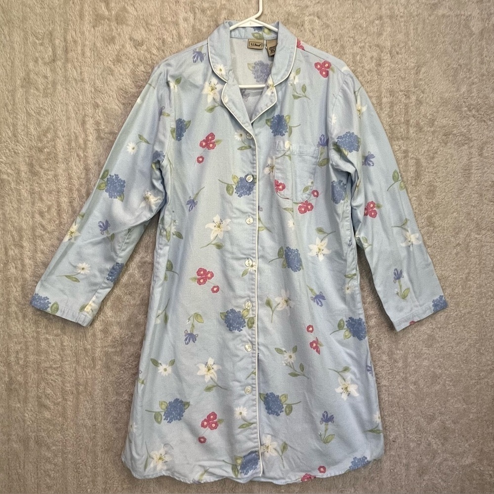 Vintage L.L. Beans Womens Flannel Nightie Blue Floral Cottagecore Sz M Piping